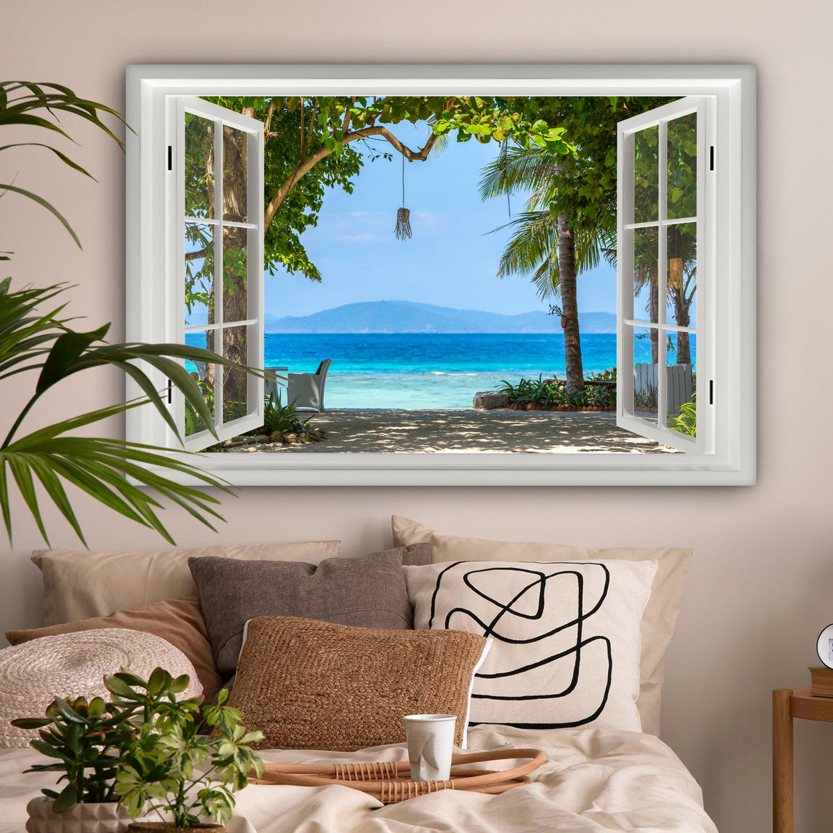 LEINWANDBILD Aussicht - Baum - Meer - Palme - Hügel - Strand - Blau Wohnzimmer Groß 120x80 cm - Blau, Textil (120/80cm) - MuchoWow