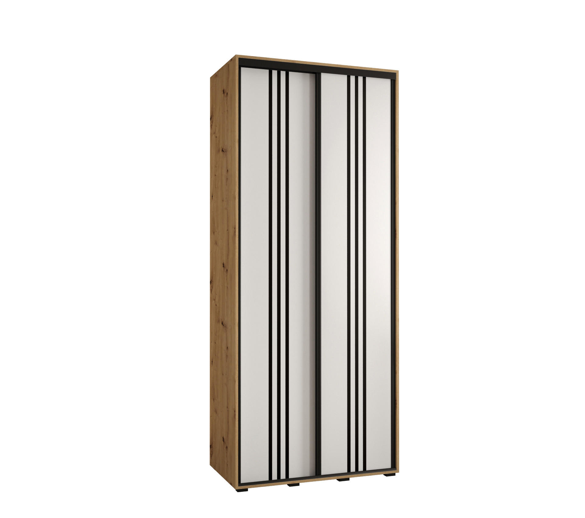 Abiks Möbel Schwebetürenschrank Eiche Artisan, Weiß, Schwarz 120x235x45 cm