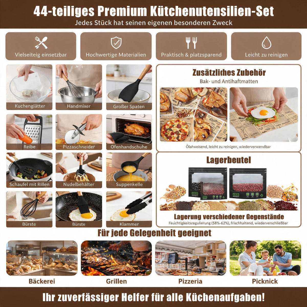 KÜCHENHELFER-SET 44‑teiliges Komplettset mit Kochutensilien, Schubladenorganizer, Ölsprüher und Gewürzbehältern für die Küche - Schwarz, Kunststoff - Joyfair