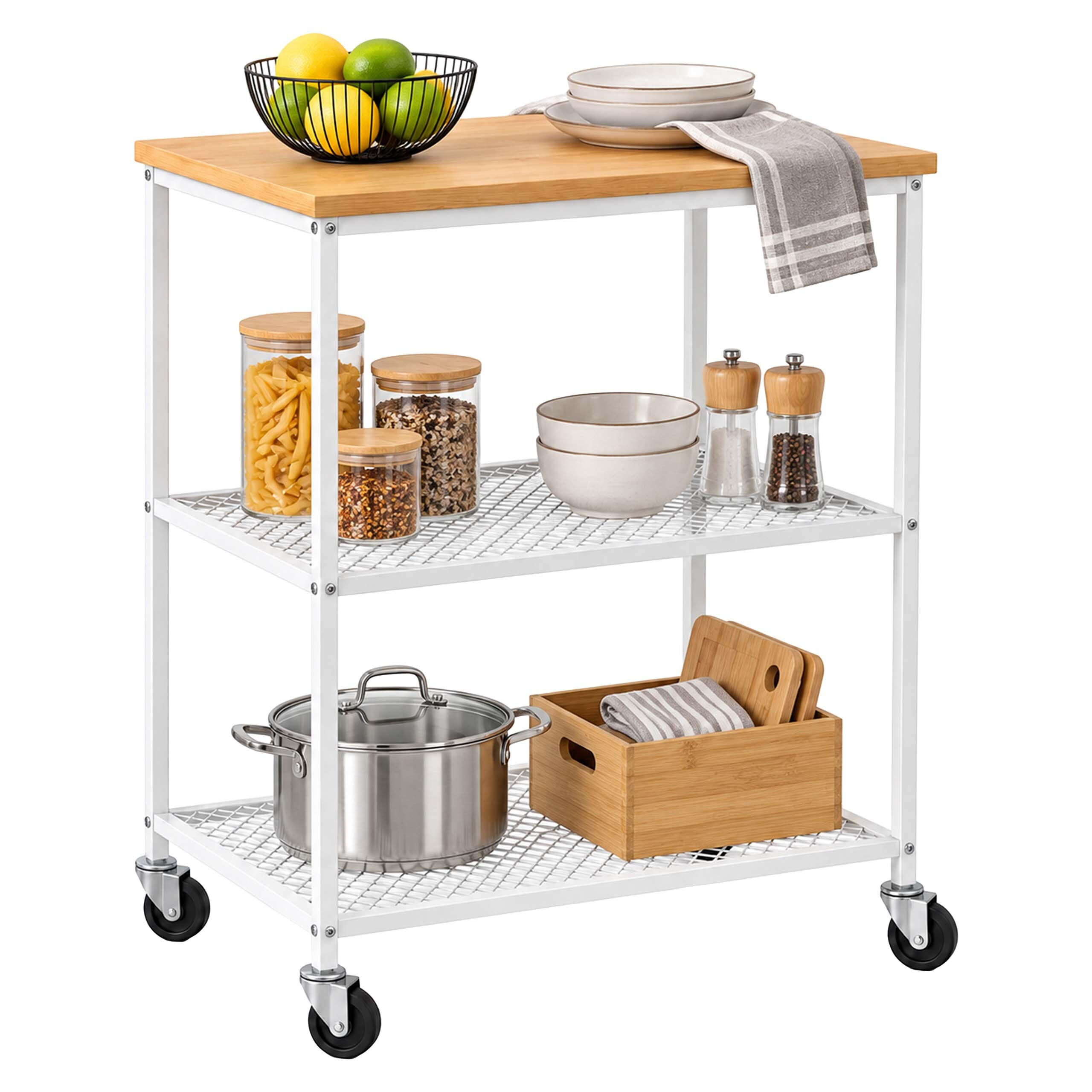 KÜCHENWAGEN Hellbraun Weiß 3 Ebenen Rollen - Weiß, Holzwerkstoff/Metall (40/77.5/60cm) - Relaxdays