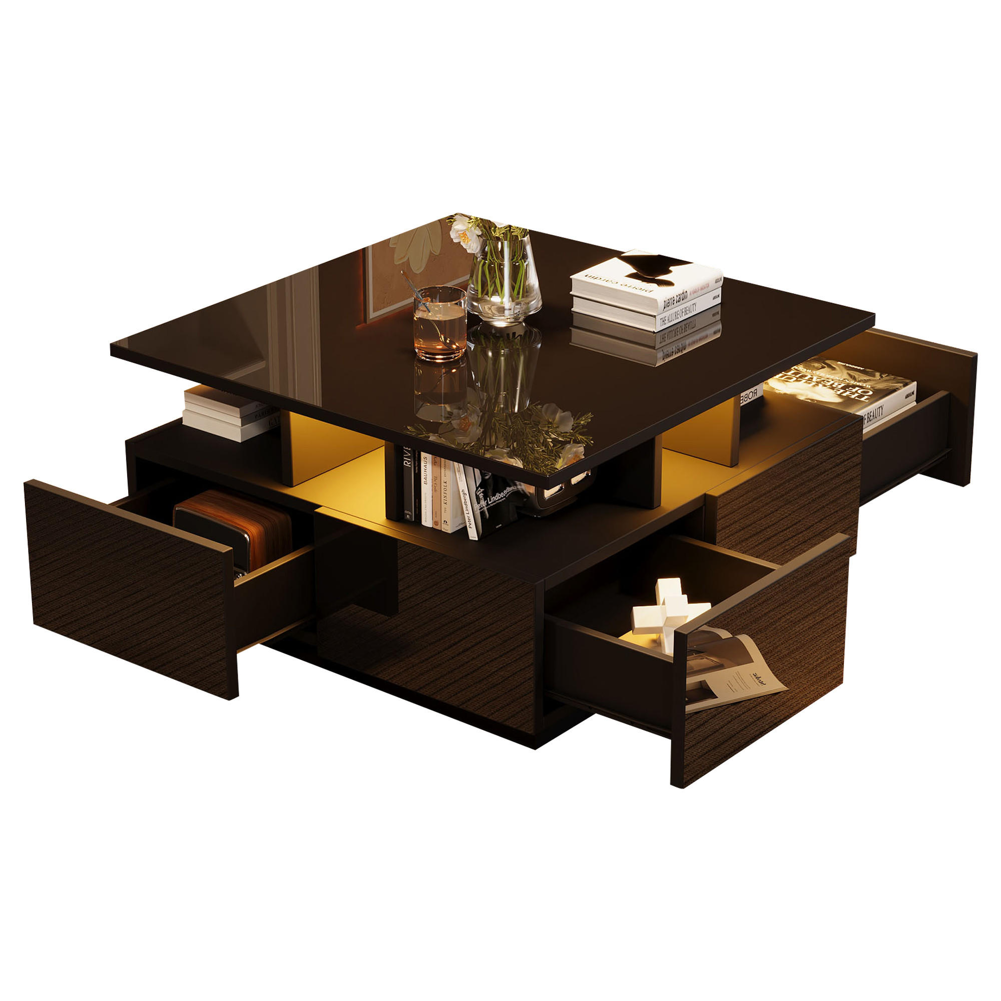 COUCHTISCH 70/70/40 cm schwarz mit 4 Schubladen und LED-Beleuchtung - Schwarz, Holzwerkstoff (70/70/40cm) - OKWISH