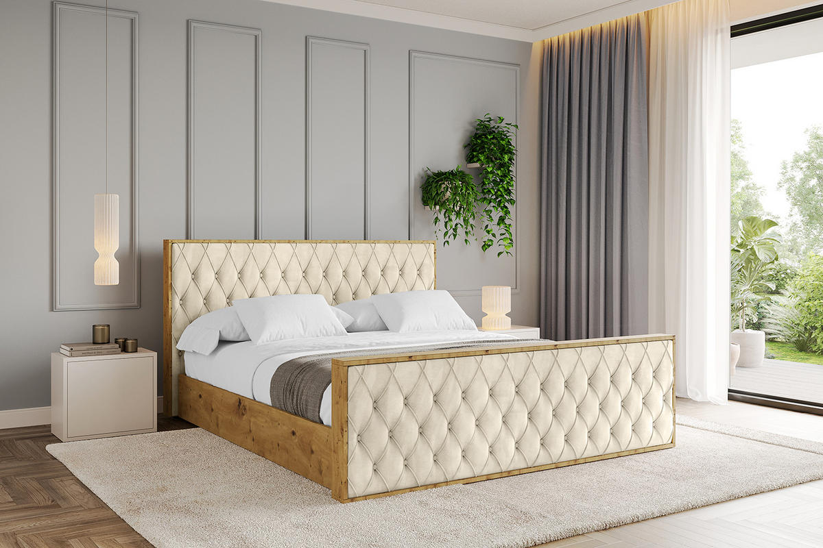 POLSTERBETT mit Bettkasten, Fußteil und Lattenrost, Boxbett ohne Matratze - ENZO5-Z 200x200 Beige - Ecru, Holzwerkstoff/Textil (200/200cm) - ALTDECOR