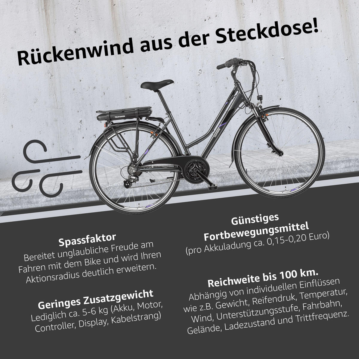 E-BIKE XT480 Trekking Elektrofahrrad 21-Gang Shimano Kettenschaltung, Pedelec, 10Ah, 36V Akku - Anthrazit, Metall (112.5cm) - Telefunken