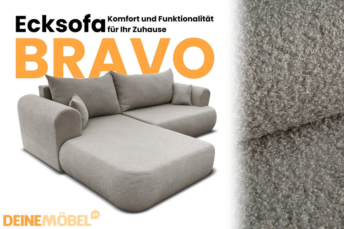 ECKSOFA BRAVO 280/180 in Bouclé Grau-Beige links - Graubraun, Holz/Holzwerkstoff (280/180cm) - Deine Möbel 24