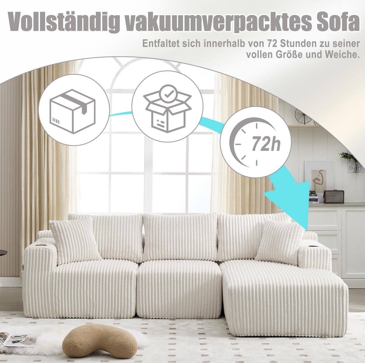 MODULARES Sofa Cord mit Chaiselongue und 2-Sitzer 257/90-160/62 cm Beige - Beige, Textil (160/257cm) - Redom