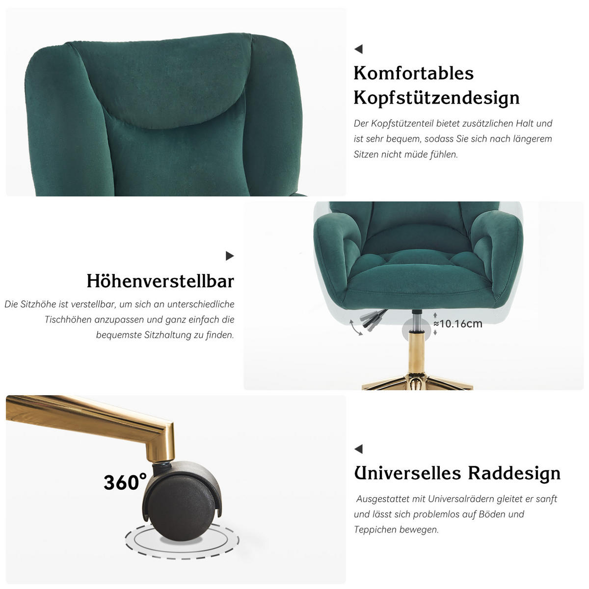 DREHSTUHL Samt mit Rollen und höhenverstellbar 64/62/92.5 cm Grün - Grün, Textil (62/92.5/64cm) - Redom