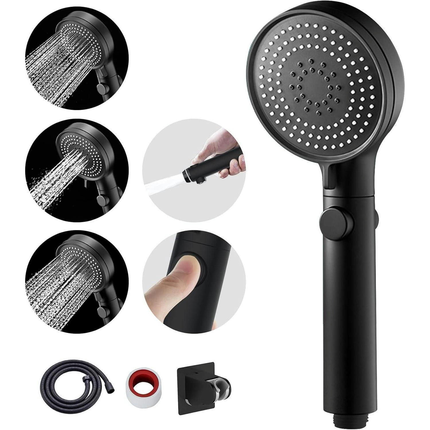 HANDBRAUSE Set Schwarz 3 Strahlarten Wassersparend mit Schlauch - Schwarz, Kunststoff (9/12.7/24.5cm)