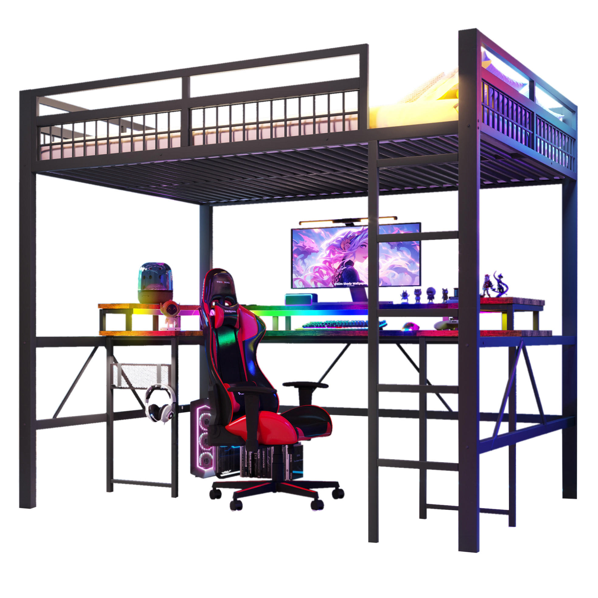 Redom VYSOKÁ postel 140/200 cm s LED osvětlením, psacím stolem, USB-C a zásuvkami, úložnou pegboard stěnou, Černá