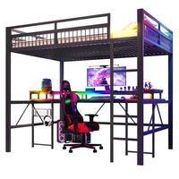 HOCHBETT 140/200 cm mit LED-Lichtleiste, Schreibtisch, USB-C und Lochwand, Schwarz - Schwarz, Metall (140/200cm) - Redom