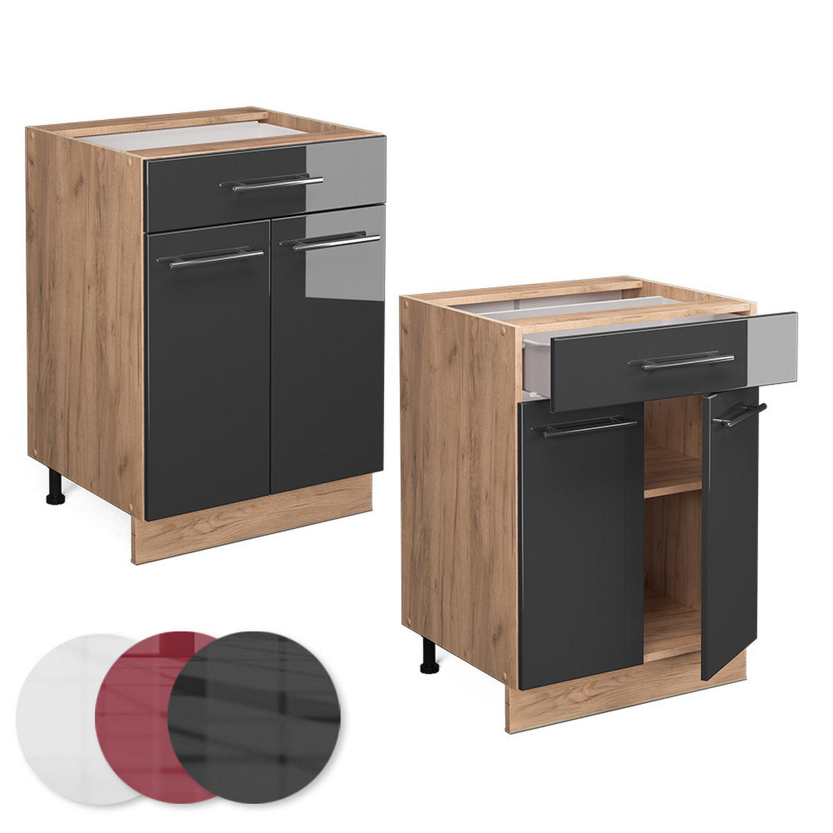 KÜCHENUNTERSCHRANK Fame-Line Anthrazit Hochglanz 60 cm mit Schublade ohne AP - Anthrazit/Eiche Wotan, Holzwerkstoff (60/82/51.6cm) - Vicco