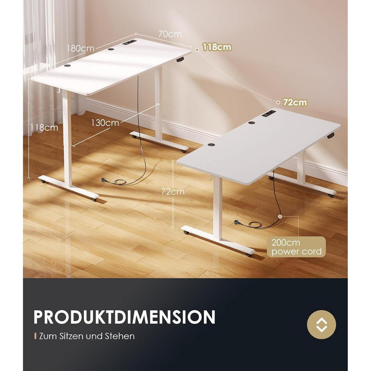 SCHREIBTISCH höhenverstellbar elektrisch 180 cm Blanc Weiß 180 x 70 cm - Weiß, Holz (70/180/72cm)