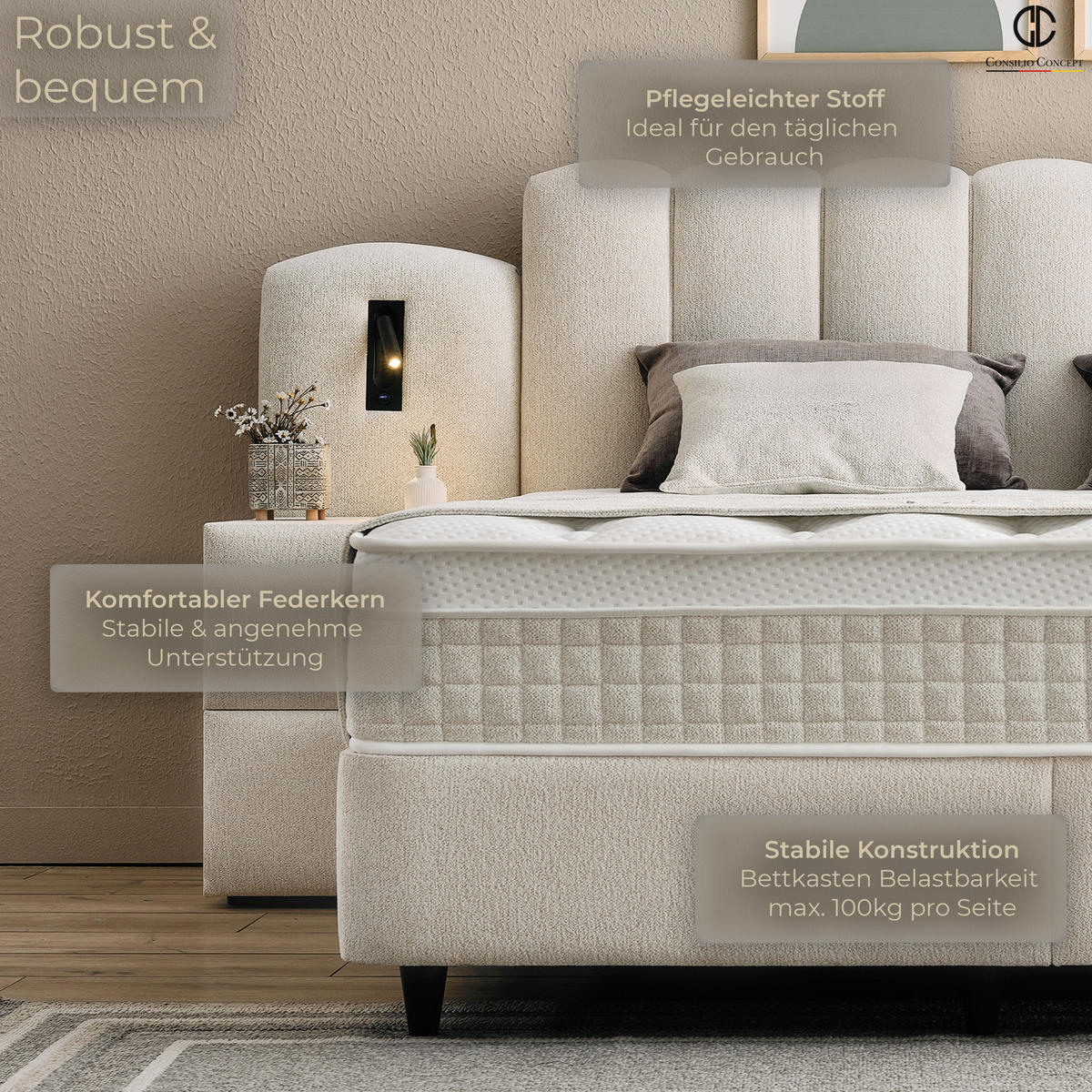 BOXSPRINGBETT MIT BETTKASTEN DUBAI 180/200 cm, Ivory, Bettkasten, Matratze, Topper integriert, H3 mittel 7-Zonen Matratze - Creme/Schwarz, Holz/Kunststoff (180/200cm) - Consilio Concept