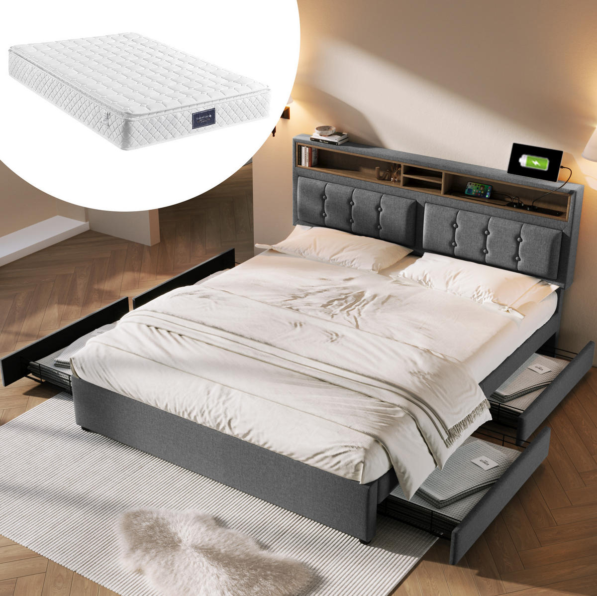 POLNJENA postelja iz lana 160x200 cm siva z vzmetnico, nastavljivim vzglavjem, USB-C priključkom in 4 predali - siva, tekstil (160/200cm) - Modfu