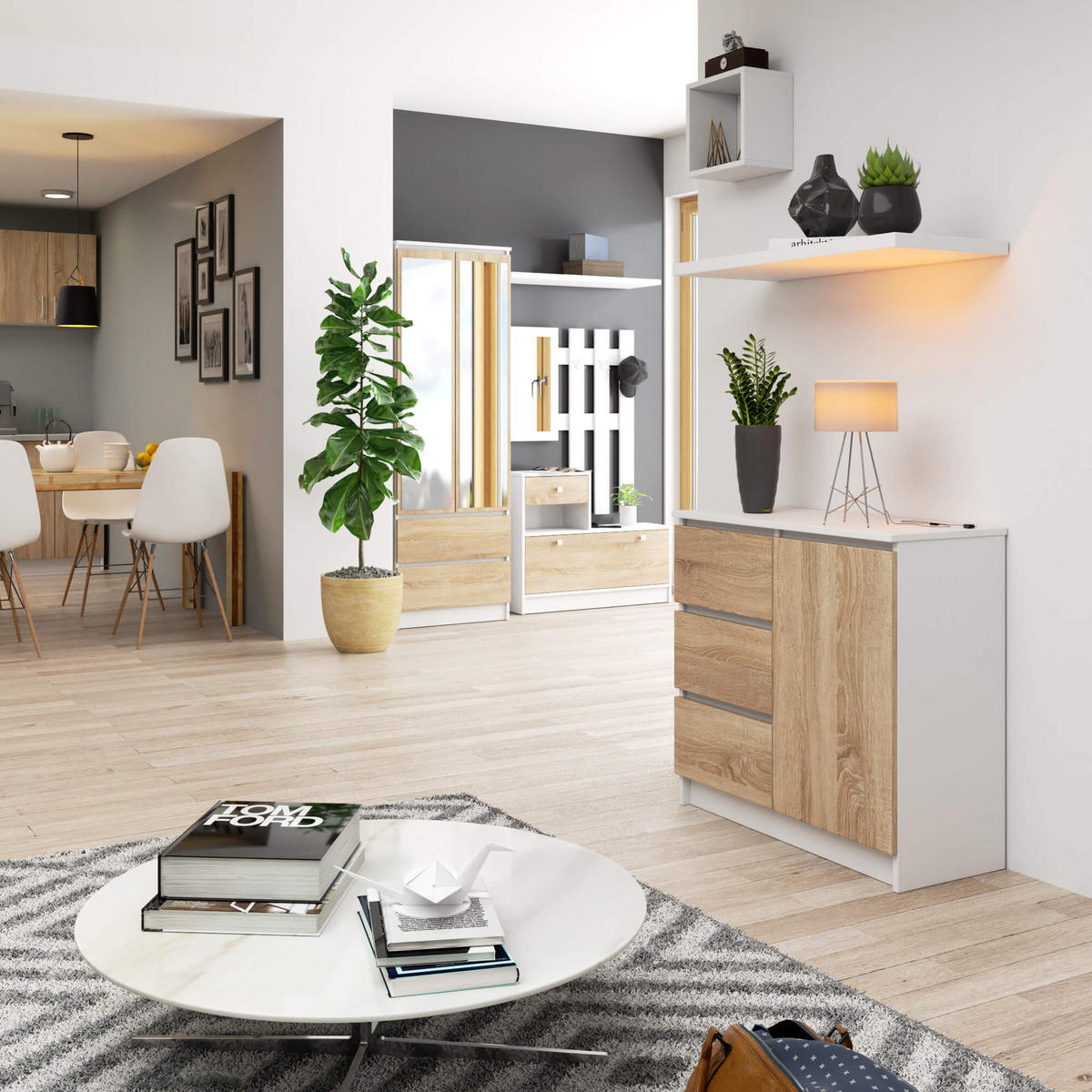 KOMMODE Weiß, Eiche Sonoma 77/80/35 - Weiß, Holzwerkstoff (80/77/35cm) - RAUMHIRSCH FURNITURE