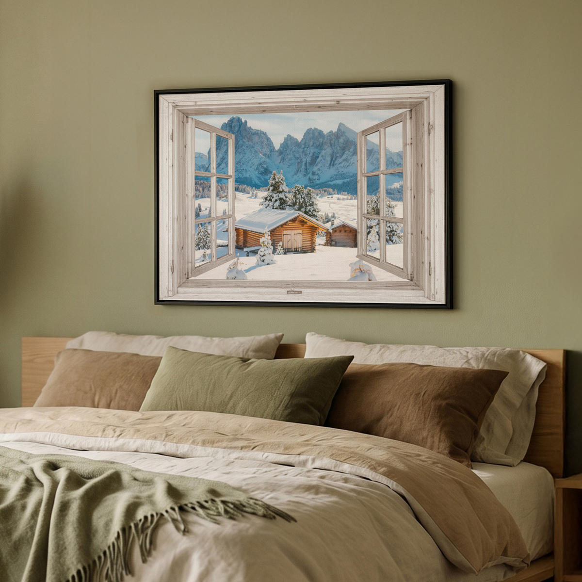 LEINWAND Bilder mit Rahmen - Winterlandschaft - Hütte - Berge - Ausblicke - Aussicht - Natur - 70x50 - Weiß Hochglanz, Textil (70/50cm) - MuchoWow