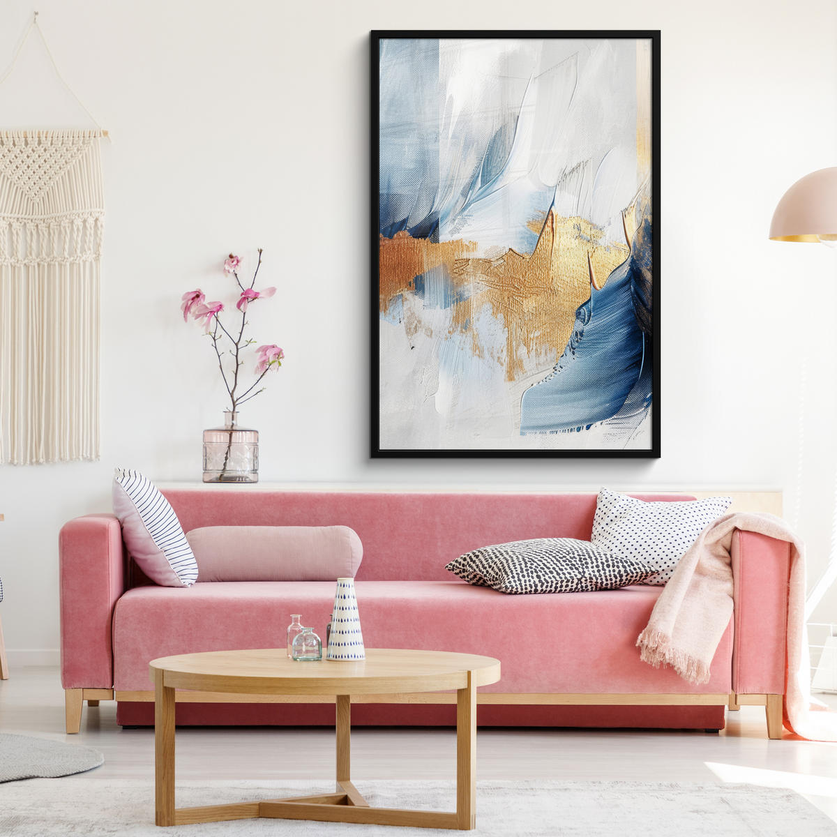 GERAHMTES BILD Gold - Blau - Aquarell - Kunst - Modern 80x120 cm - Hellblau, Papier (80/120cm) - MuchoWow