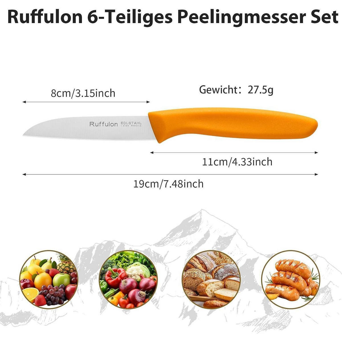 OBST- und Gemüsemesser 6-teiliges Set Rostfreier Stahl Orange - Goldfarben, Metall (19cm)