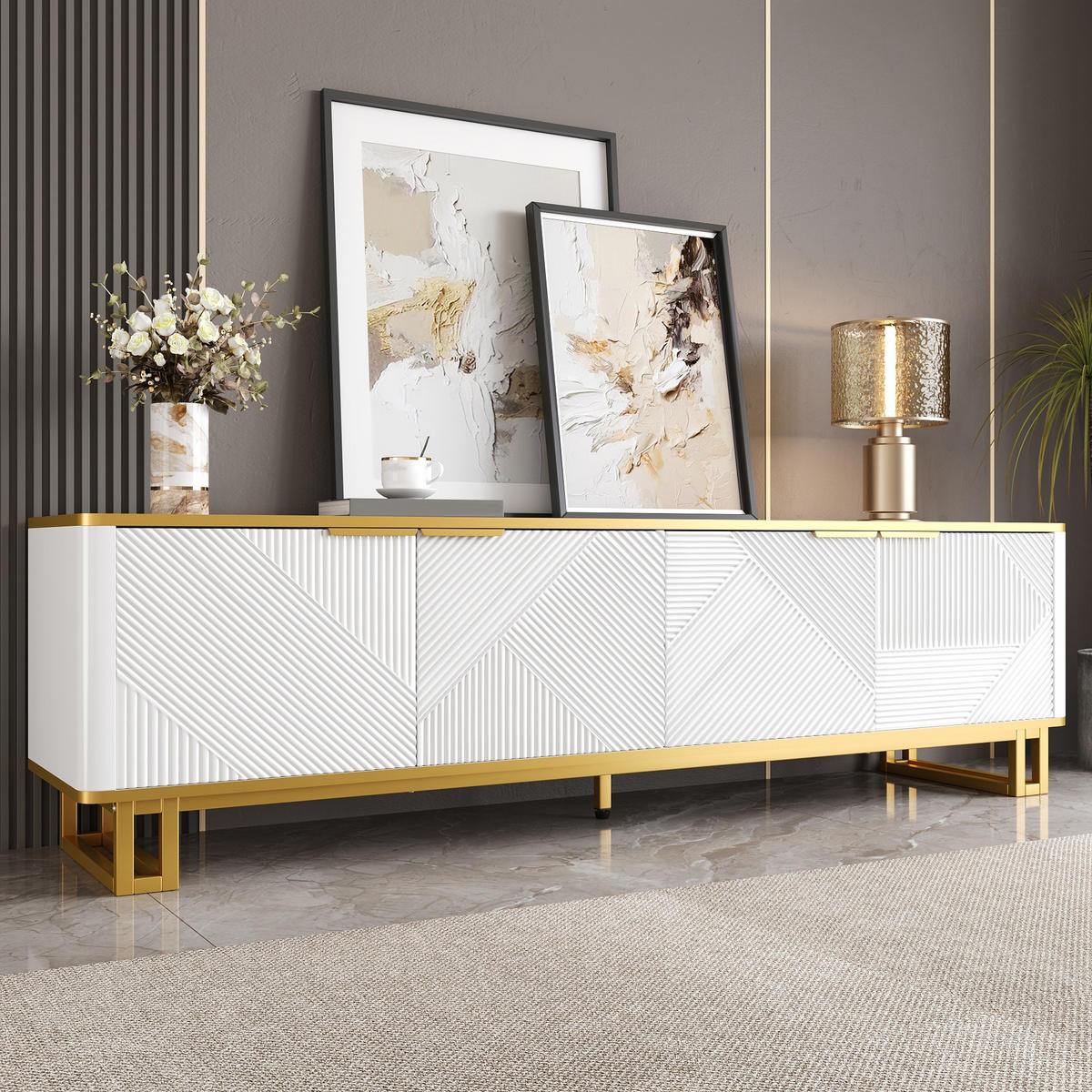 TV-ELEMENT160X37,5X48CM WeißGold mit geometrischem Design und 4 Türen - Weiß, Holz (45.09/14.61/175.26cm) - Raelunyi