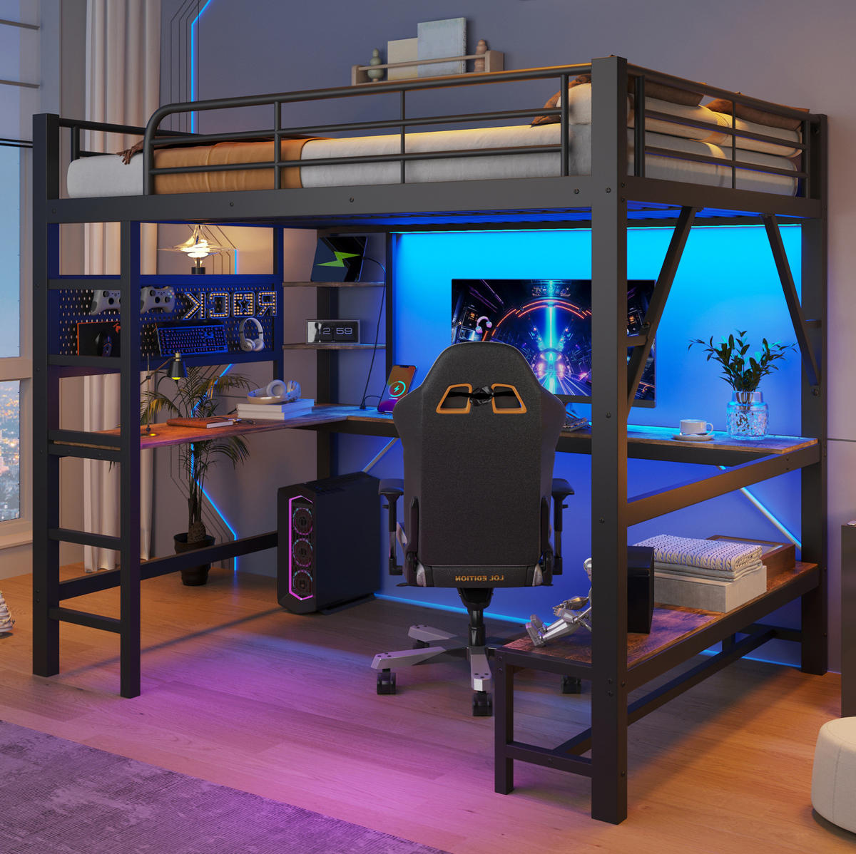 HOCHBETT aus Metall und MDF 160x200 cm Schwarz mit Schreibtisch, LED-Leiste und USB-Type-C-Anschluss - Schwarz, Metall (160/200cm) - Modfu