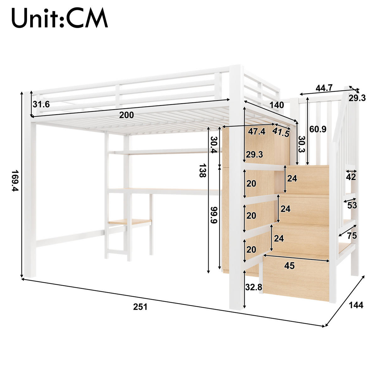 HOCHBETT 140/200 cm mit Schreibtisch, Regal, Kleiderschrank und LED - Weiß, Metall (140/200cm) - MIVRAY