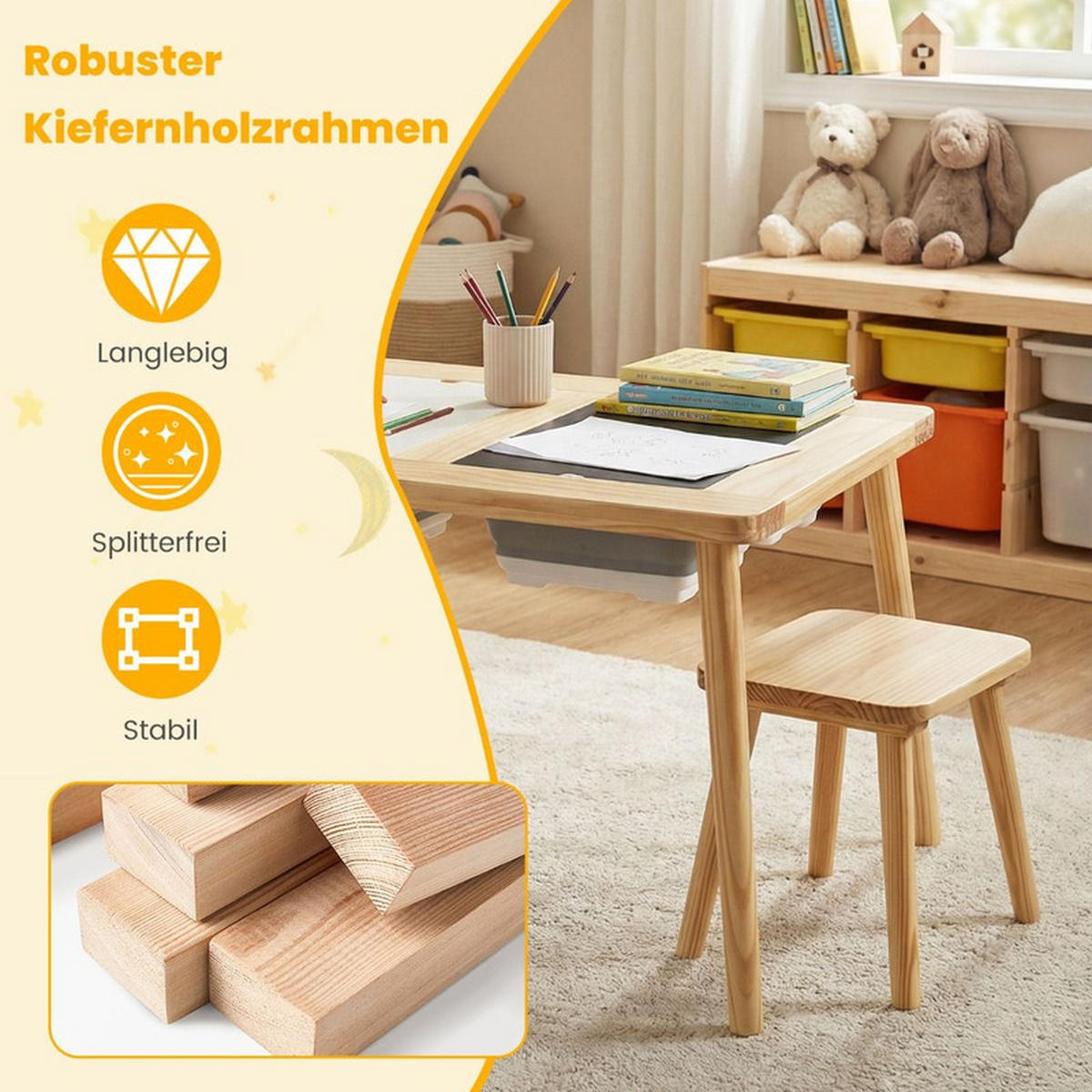 KINDERSPIELTISCH Quadrat natur(3-tlg) - Naturfarben, Holz (81/50/58cm) - COSTWAY