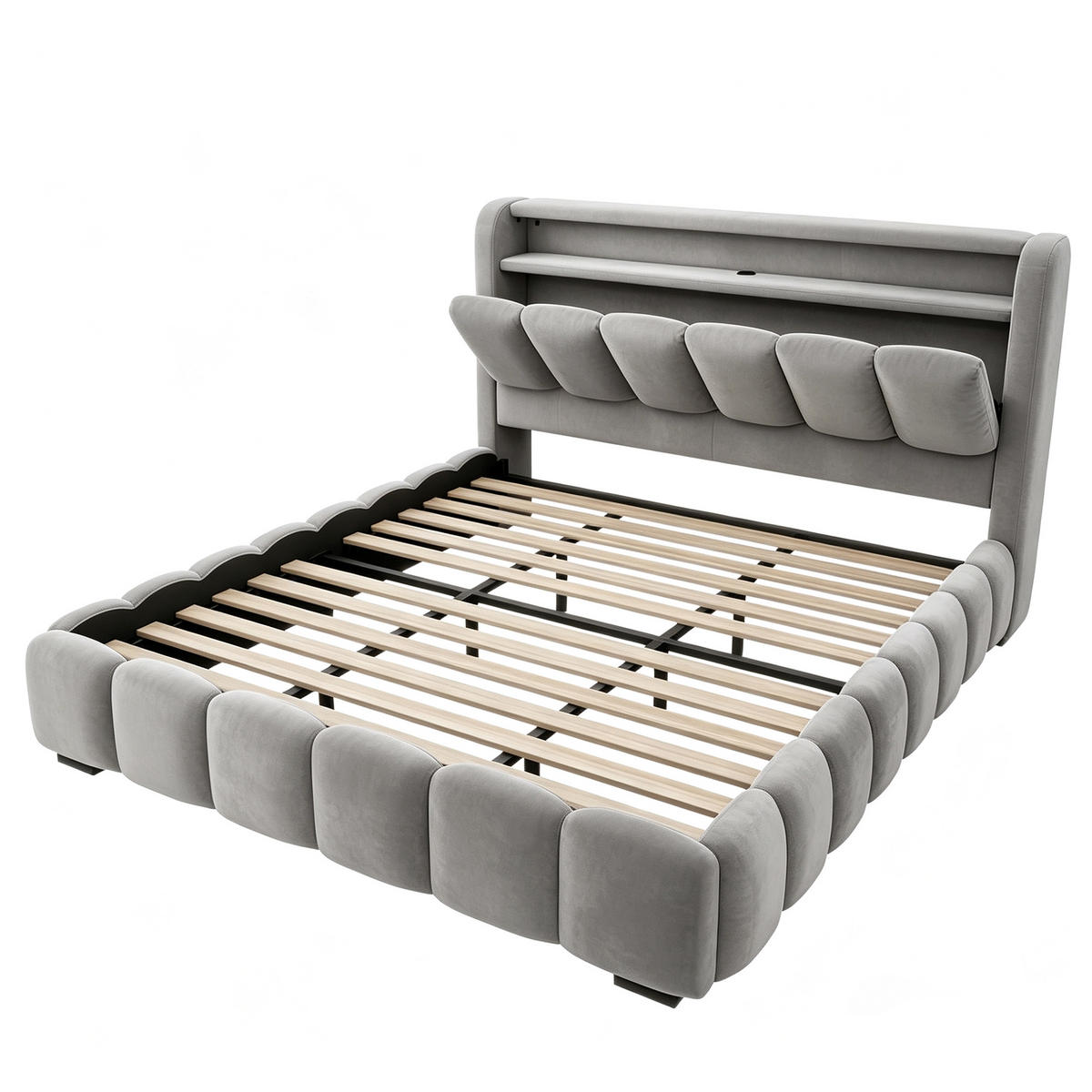 POLSTERBETT 180/200 mit LED/USB, Kopfteil Stauraum, Samt, Grau - Grau, Holz (180/200cm) - LVHOM