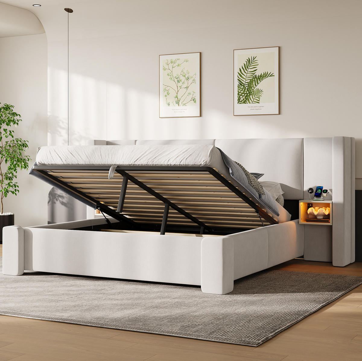 POLSTERBETT aus Leinen und MDF 140x200 cm Beige mit LED-Beleuchtung und hydraulischem Stauraum - Beige, Textil (140/200cm) - Modfu