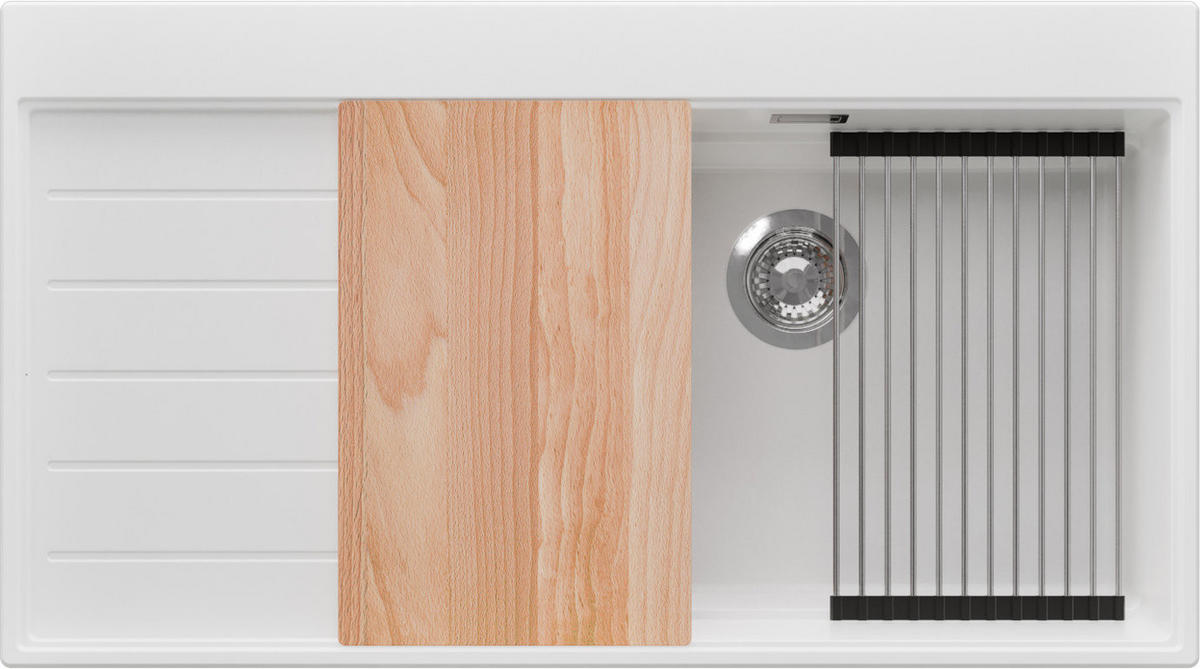 SPÜLBECKEN Sydney, 2-er set Weiß 90/50 cm 1 Becken + Ablauf-Set + Küchenzubehörset ab 60er Unterschrank - Chromfarben/Beige, Kunststoff (90/20/50cm) - Primagran