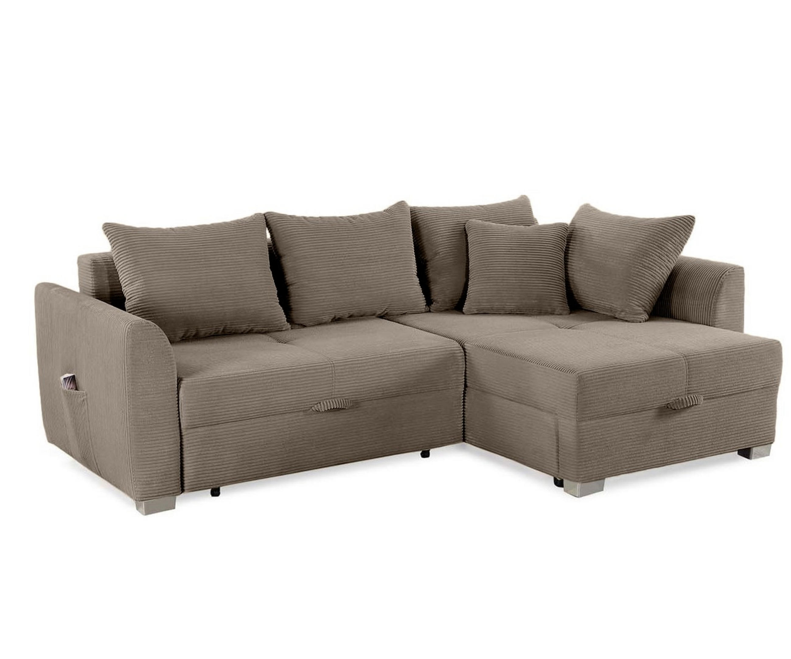 ECKSOFA mit Schlaffunktion und Bettkasten, seitenverkehrt montierbar B236/T160/H81 cm, Liegefl. 142x202 cm, Cord Braun Taupe / 15208 - Taupe/Chromfarben, Kunststoff/Textil (236/160cm) - luma-home