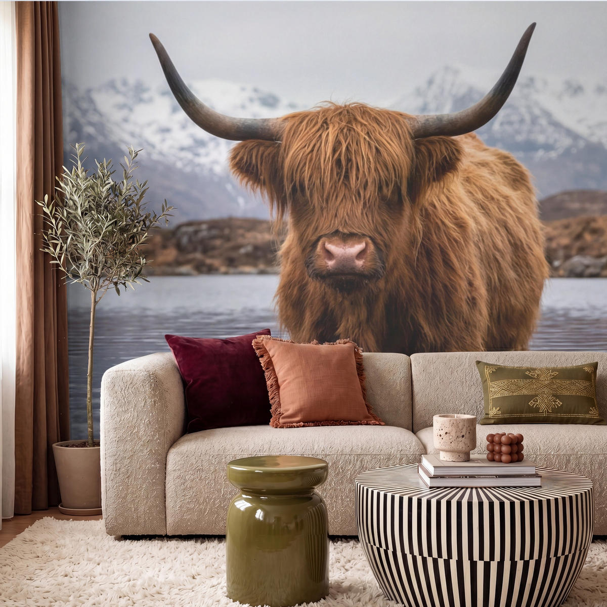 TAPETE - Schottischer Hochländer - Braun - Wasser - 240x200 cm - Braun, Papier (240/200cm) - OnlyWow