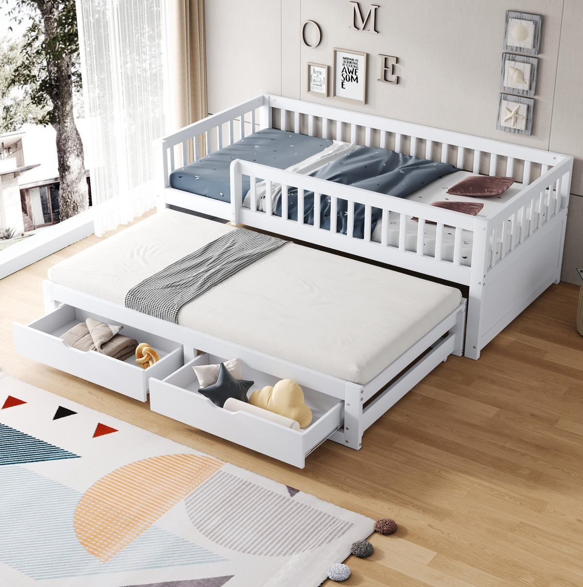 KINDERBETT aus Massivholz 90x200 cm in Weiß mit Ausziehbett & 2 Schubladen - Weiß, Holz (90/200cm) - Modfu