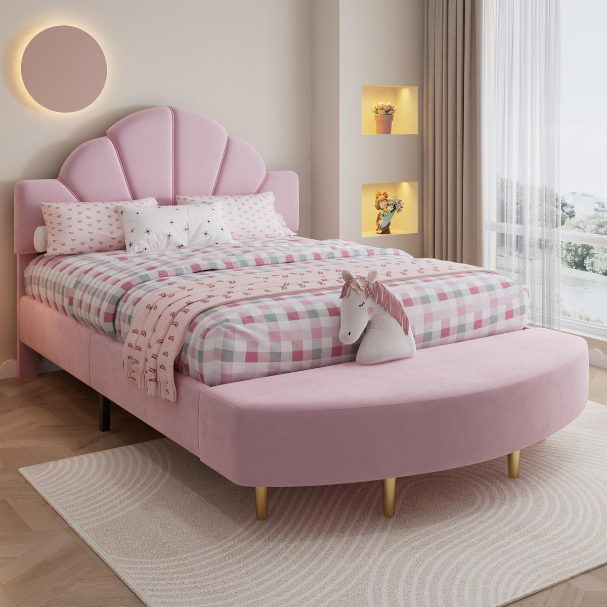 POLSTERBETT 140/200 cm Rosa mit Samtkopfteil und Bettbank - Rosa, Textil (140/200cm) - OKWISH