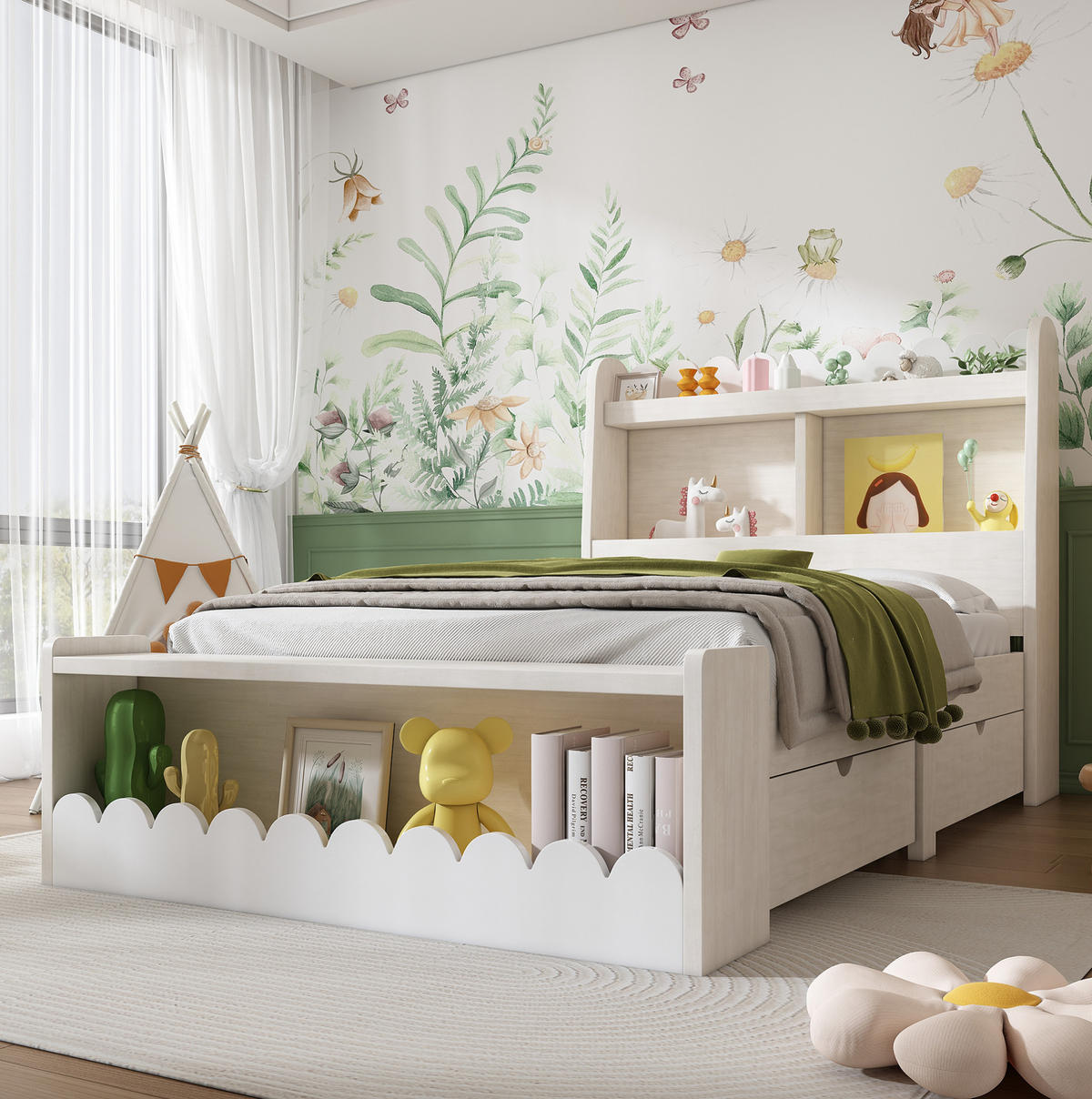 KINDERBETT 90/190 cm aus Massivholz und MDF mit Schubladen, Regal und Sitzbank Weiß/Eichefarben - Weiß, Holzwerkstoff (90/190cm) - Modenvie