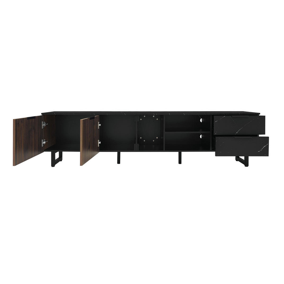 TV-SCHRANK 200cm schwarze Marmoroptik Holzmasertüren LED 2 Türen 2 Schubladen - Schwarz, Holz (38/50/200cm) - FLIEKS