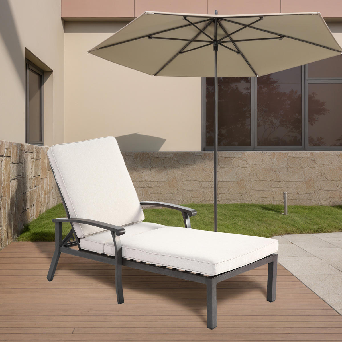 GARTENLIEGE aus Aluminium 204x58x100/30 cm Beige mit 5-fach verstellbarer Rückenlehne und Baumwollkissen - Beige, Metall (58/100/204cm) - Modfu