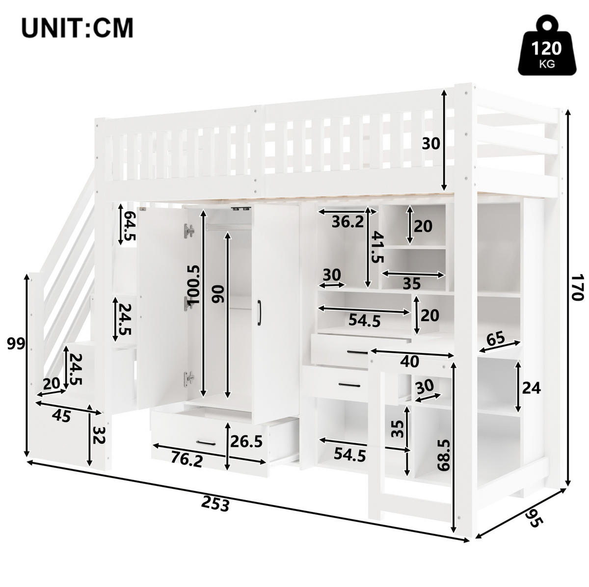 HOCHBETT 90x200 cm in Weiß mit Schreibtisch, Kleiderschrank und Stauraum - Weiß, Holzwerkstoff (90/200cm) - IVMEU