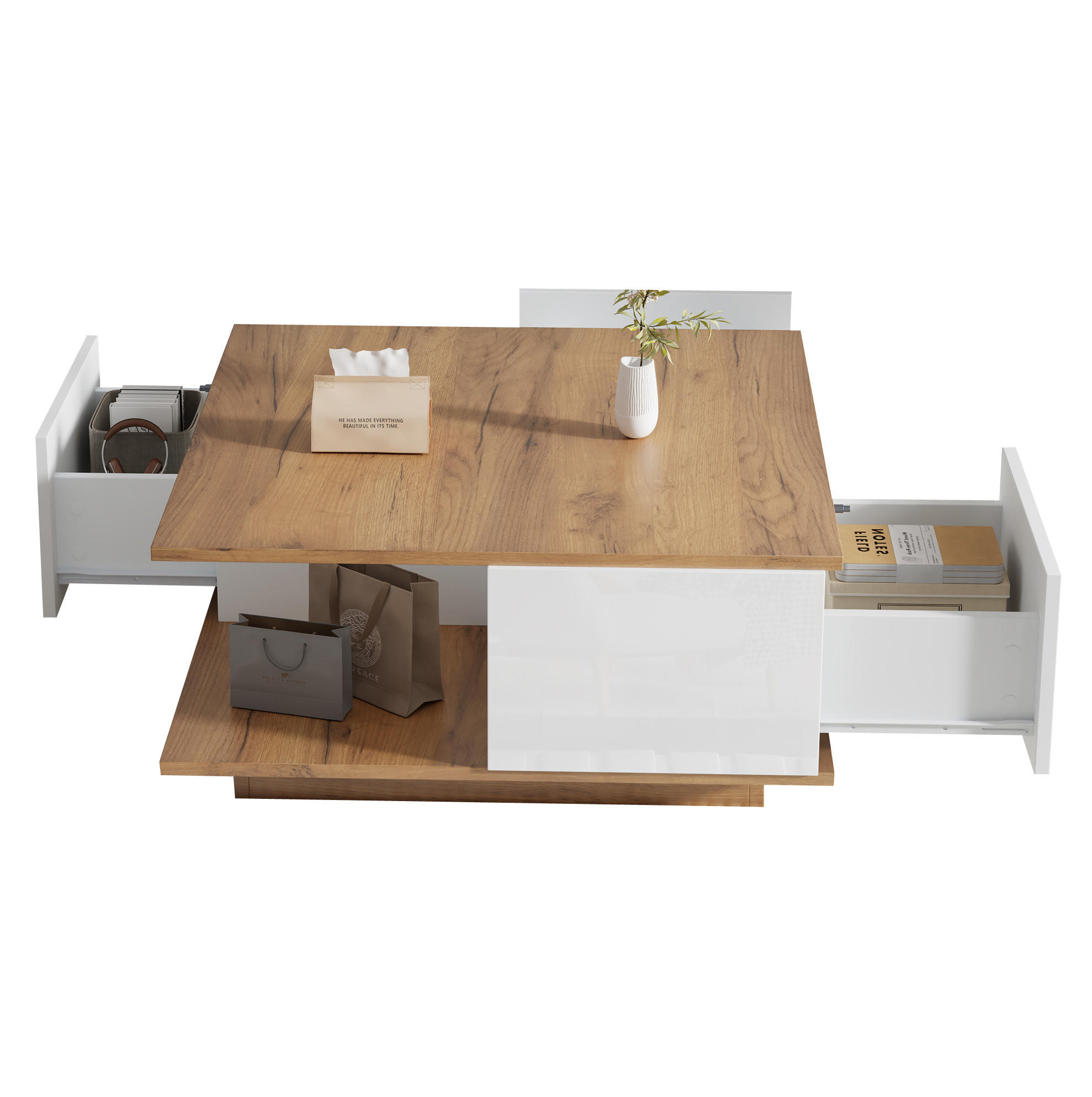 COUCHTISCH 70/70/31.5 cm Weiß/Walnuss aus Spanplatte mit 3 Schubladen - Weiß, Holzwerkstoff (70/70/31.5cm) - OKMYHOME
