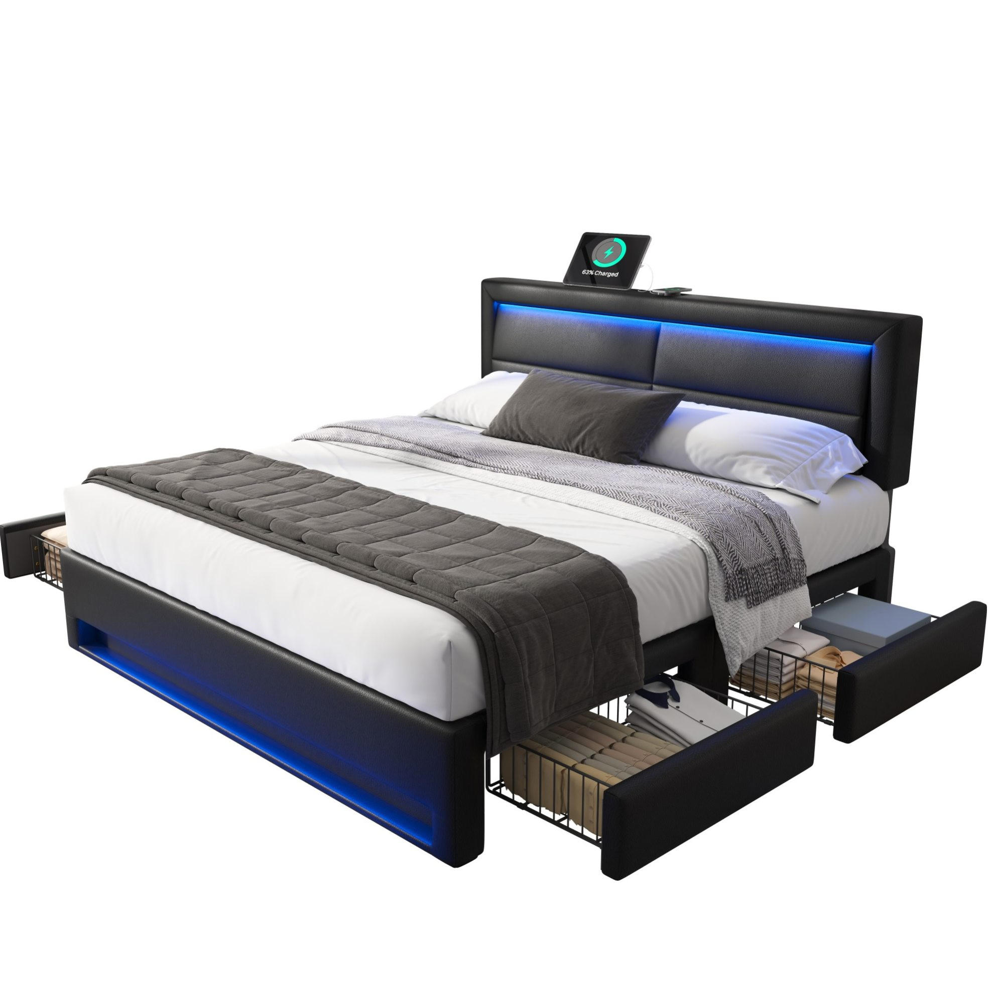 POLSTERBETT mit USB, LED und 4 Schubladen 140x200 cm PU Schwarz - Schwarz, Metall (140/200cm) - Meubliv