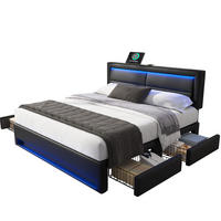 POLSTERBETT mit USB, LED und 4 Schubladen 140x200 cm PU Schwarz - Schwarz, Metall (140/200cm) - Meubliv