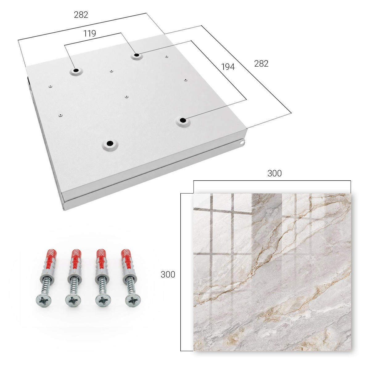 SCHLÜSSELBOX Weiß 30x30 cm – Türöffnung nach rechts - Grauer Marmor - Grau, Metall (30/30/5cm) - TULUP