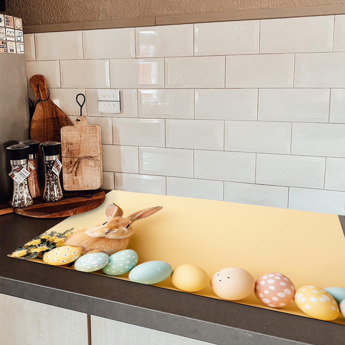 HERDABDECKPLATTE Eier - Kaninchen - Pastellfarbtöne Ceranfeldabdeckung 85x52 cm - Hellgelb, Kunststoff (85/52/0.2cm) - MuchoWow