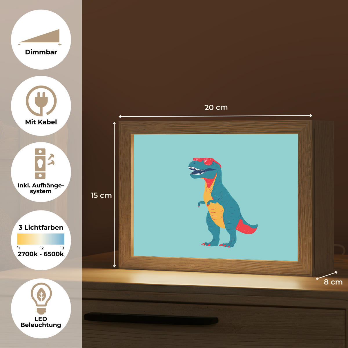 NÁSTĚNNÁ LAMPA Dinosaurus - Modrá - Sluneční brýle 20x15 cm - světle modrá, kompozitní dřevo (20/15/8cm) - OnlyWow