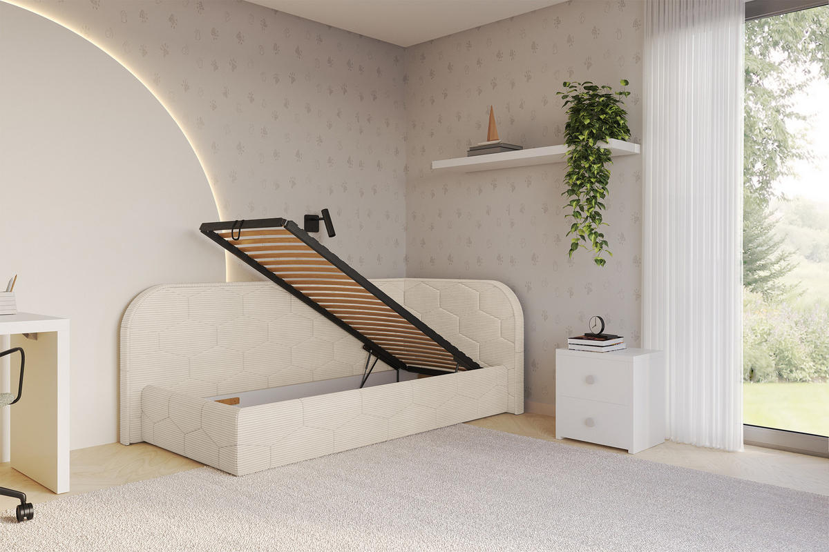 EINZELLBETT Jugendbett mit Bettkasten und Matratze H3/H4, Links - JAXY 90x200 Beige - Creme, Holzwerkstoff/Textil (90/200cm) - ALTDECOR
