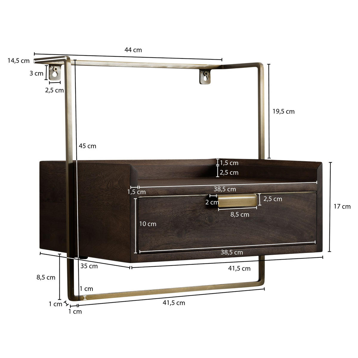 NACHTTISCH Mango Massivholz Wandmontage Schublade Boxspringbett, Braun 44x35x45 cm - Goldfarben/Braun, Holz/Metall (44/45/35cm) - KADIMA DESIGN