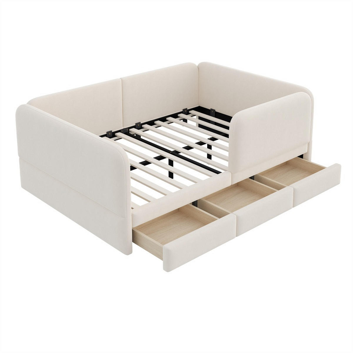 POLSTERBETT 140x200 cm mit Rundum-Sicherheitsumrandung & 3 Schubladen - Beige - Samt - ohne Matratze - Beige, Textil (140/200cm) - DELFA