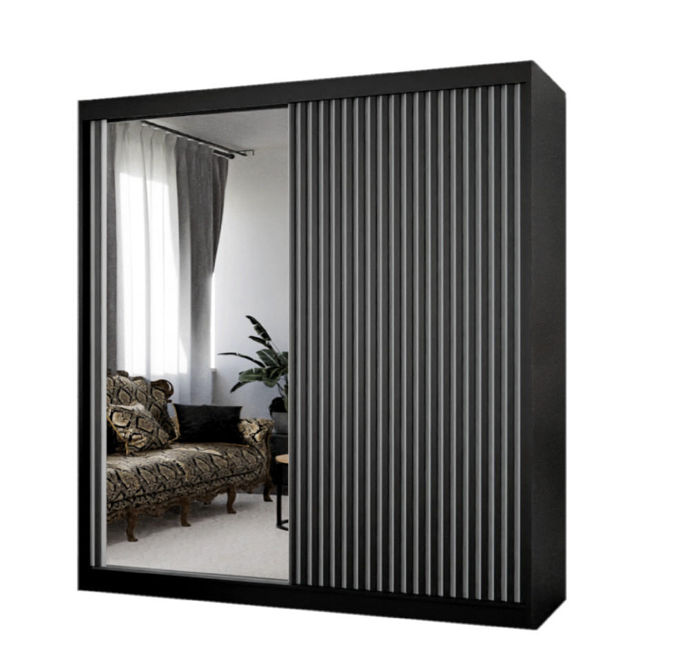 SCHWEBETÜRENSCHRANK Lili 120 cm mit Lamellen und Spiegel 2-türig, schwarz, weiß, Lamelle schwarz - Schwarz/Weiß, Kunststoff (120/215/61cm) - Margaret Hadas24