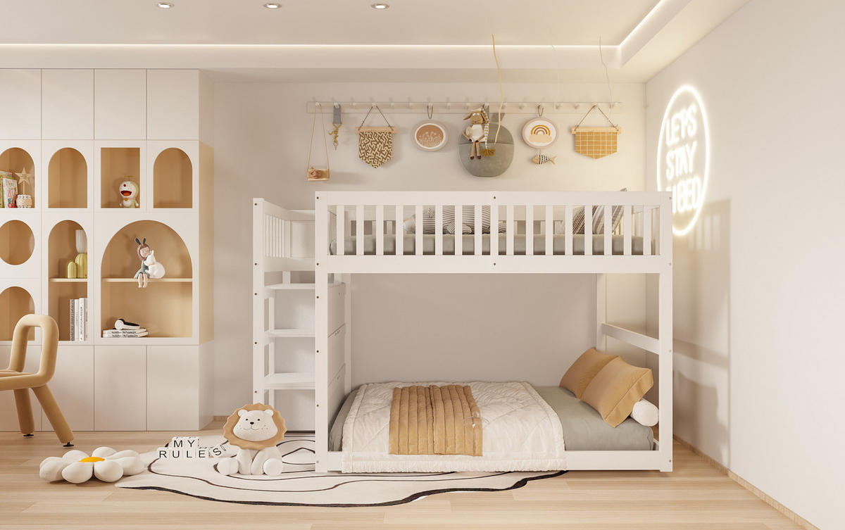 ETAGENBETT niedrig mit Treppe und 4 Schubladen 140x200 cm Holz Weiß - Weiß, Holzwerkstoff (140/200cm) - Beauniv