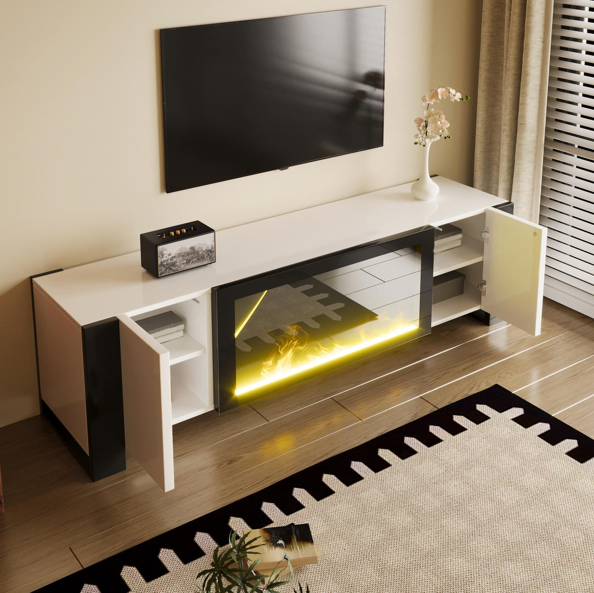 TV-ELEMENT mit Elektrokamin 165 x 32 x 55 cm Weiß/Schwarz - Weiß, Holzwerkstoff (32/55/165cm) - Beauniv