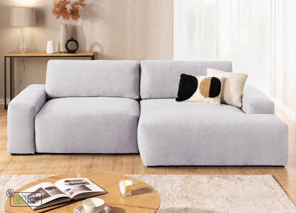ECKSOFA Lennon aus Greige Strukturstoff mit Schlaffunktion und Bettkasten - Greige/Schwarz, Holz/Kunststoff (264/137cm) - S-Style