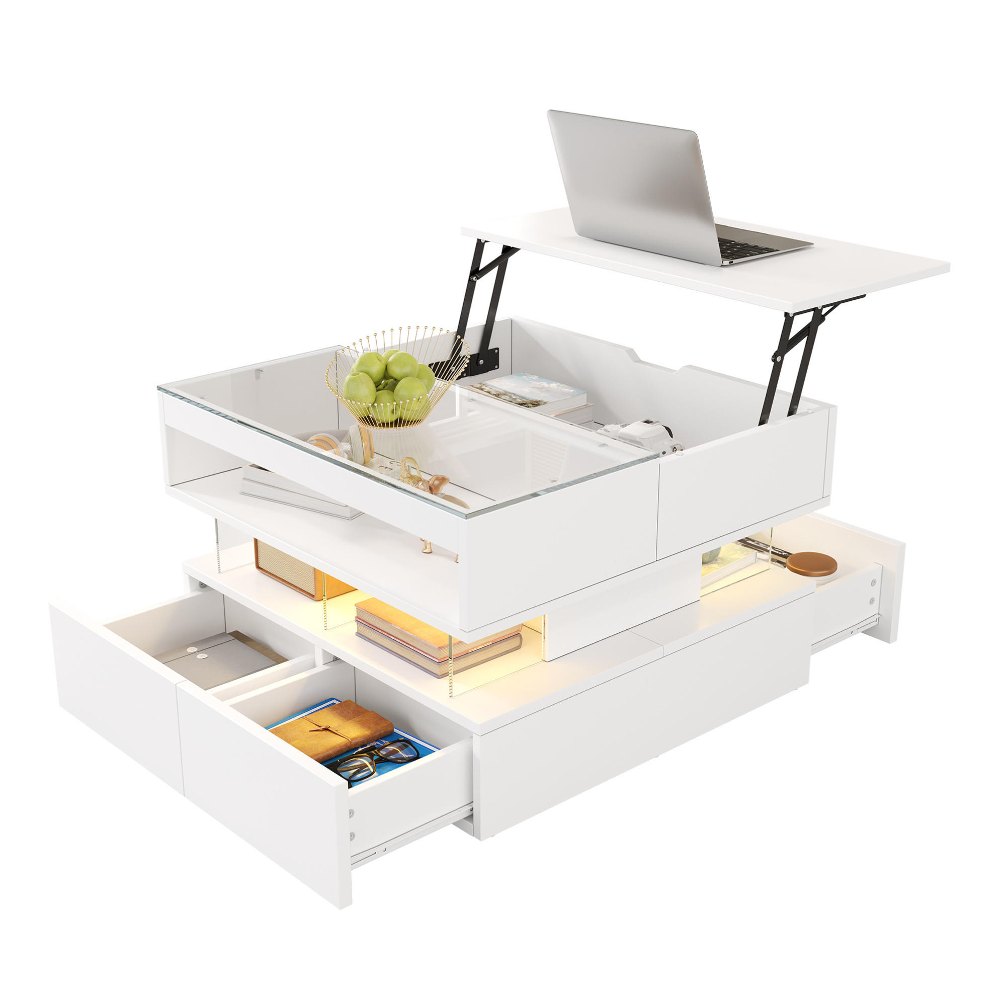 COUCHTISCH 70/67 cm mit anhebbarer Glasplatte, LED-Beleuchtung und Stauraum - Weiß, Holzwerkstoff (70/67/57cm) - BEAOK